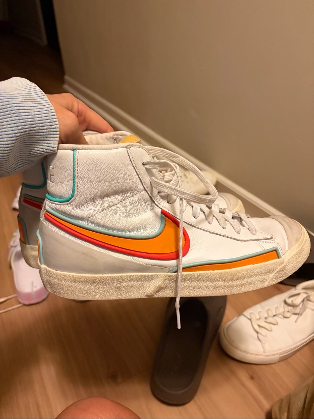 Nike Kids White High-Top Sneakers with Orange & Red Swoosh and Teal Trim